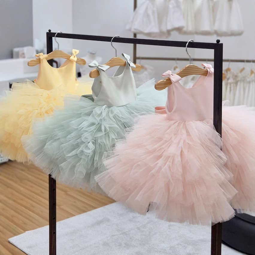 Korean-style Mesh Baby Girl First Birthday Dress, Flower Girl Princess Tutu Cake Dress