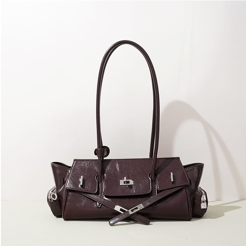 Versatile Premium French Baguette Top-Layer Cowhide Motorcycle Handbag for Women, Elegant and Minimalist Genuine Leather Handheld Shoulder Bag