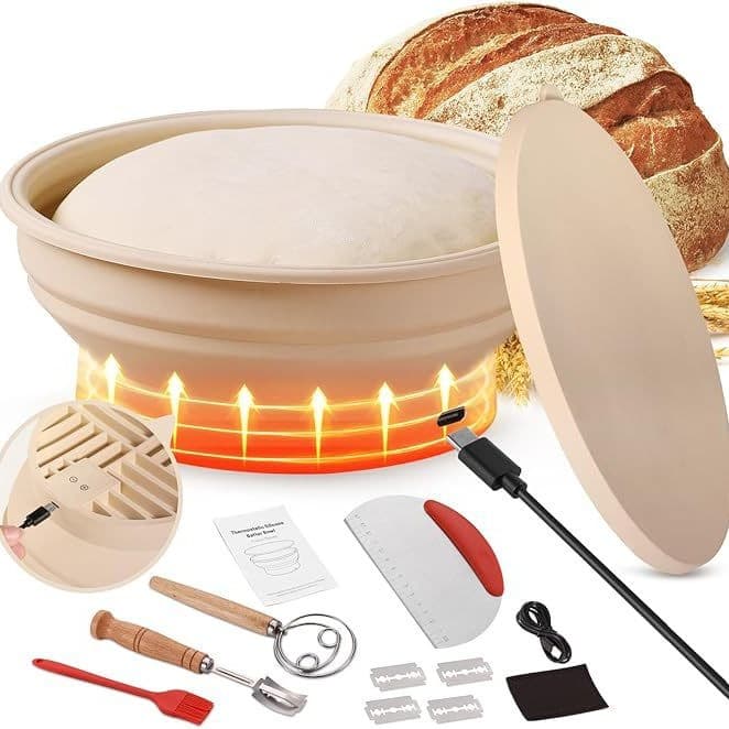 Heated Sourdough Bread Proofing Basket Set, Electric Thermostatic Silicone Dough Bowl, Sourdough Baking Supplies