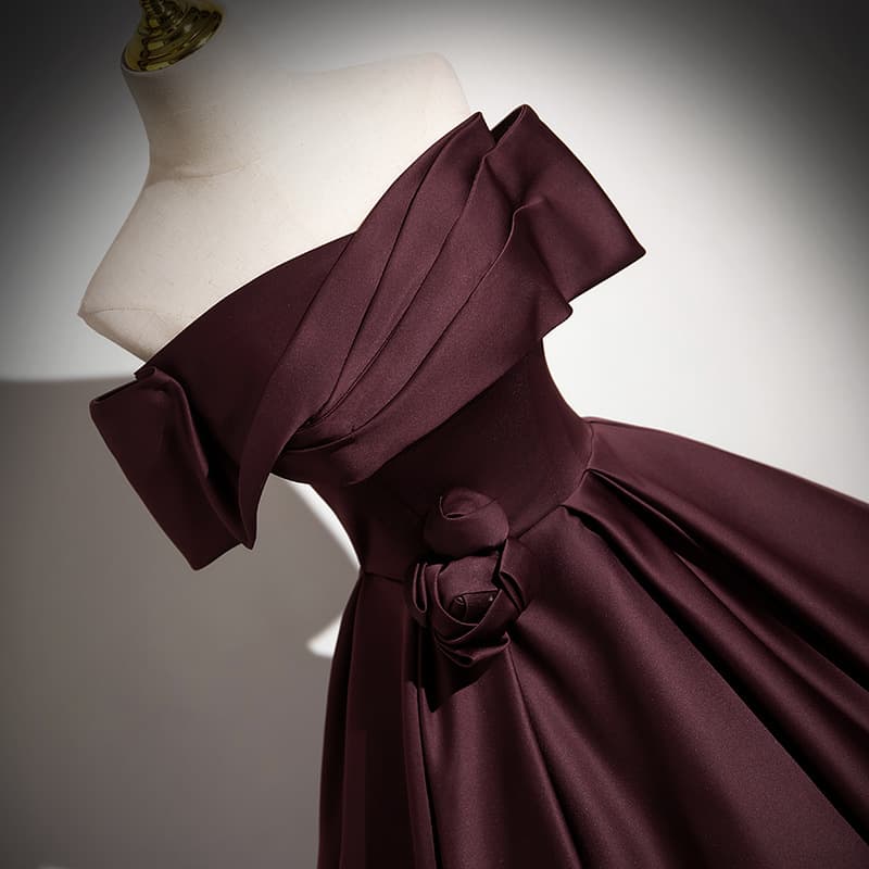 Dark Wine Red Off-Shoulder Puffy Dress for Women, Bridesmaid Dress, Satin Wedding Gown, One-Shoulder Vocal Performance and Art Exam Dress
