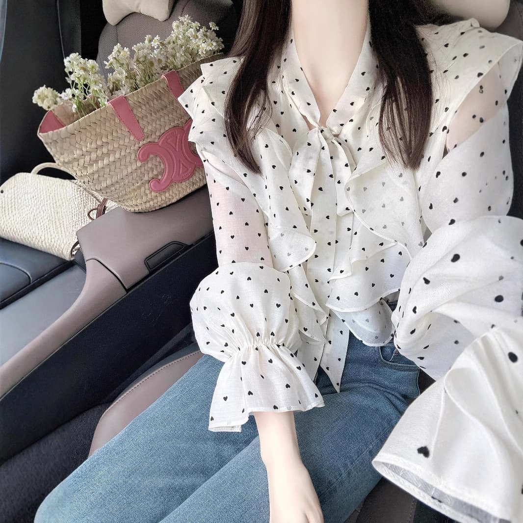 Spring Summer 2025 New French Style Women's Blouse, Elegant Unique Sweet Top, Apricot Polka Dot Long Sleeve Versatile Shirt