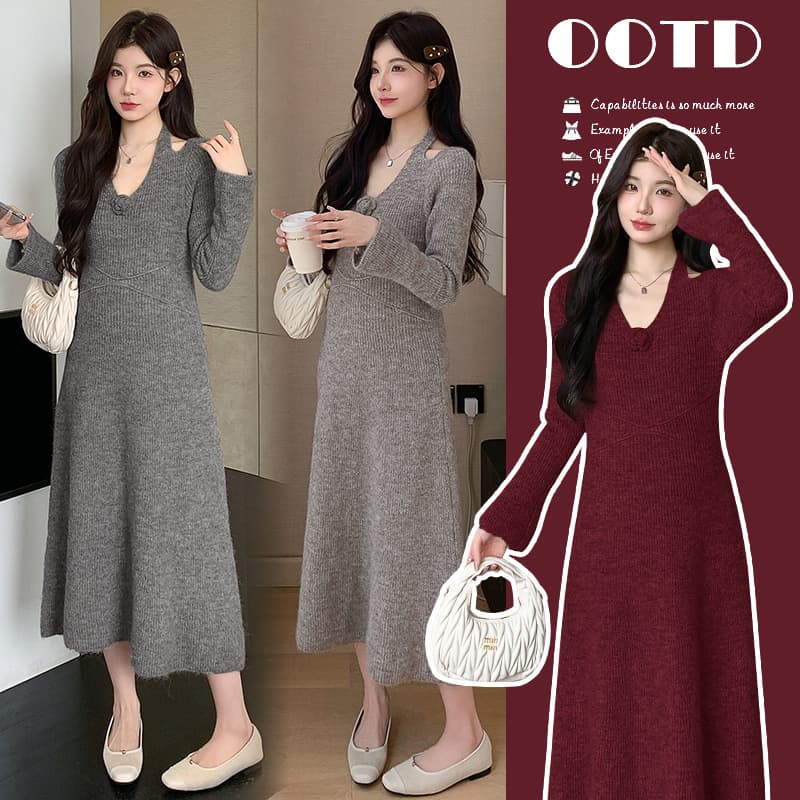 2025 Autumn Winter New Temperament French Floral Sweater Maternity Dress