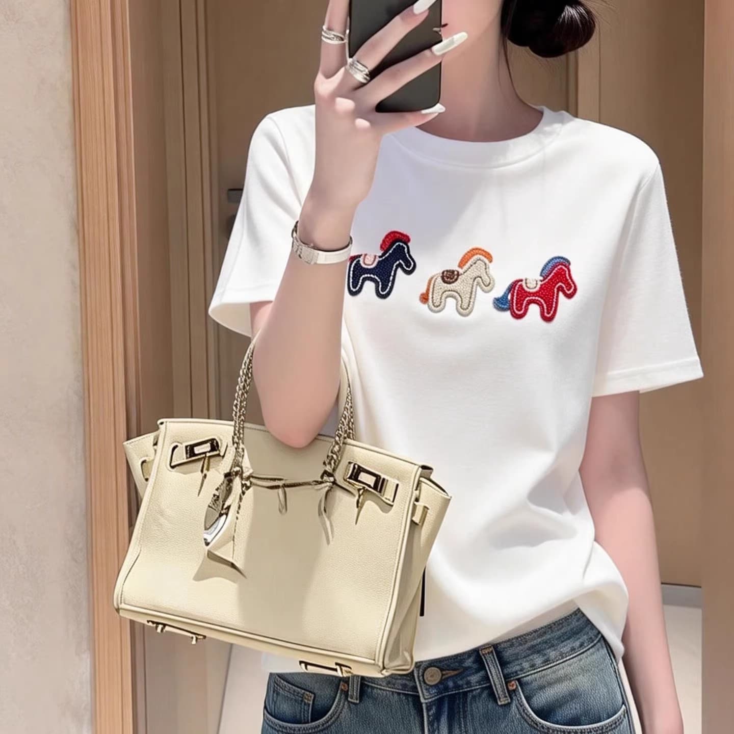 2026 Spring Summer Little Horse Pure Cotton Short Sleeve T-Shirt Women Loose Casual Fashion Basic Top