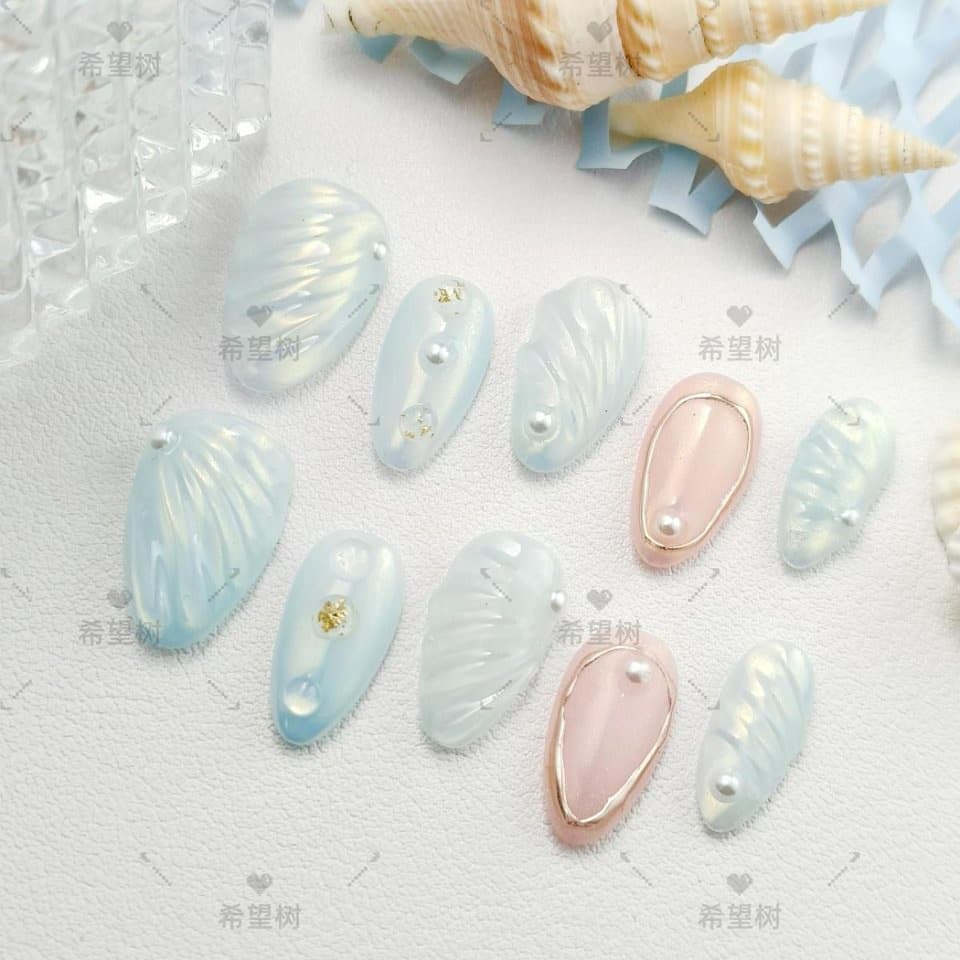 Cross-border Supply Ocean Series Handmade Wearable Short Almond Nails 3D Hand-painted Fake Nail Set Sweet Pearl