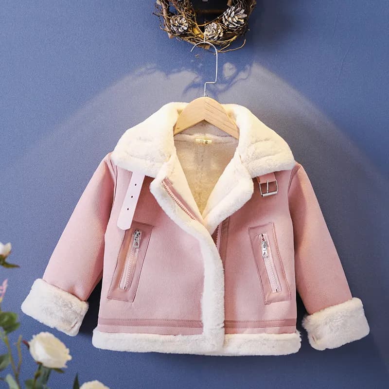 Children's suede fleece jacket, winter style, girls' motorcycle jacket, boys' faux fur, fashionable and warm winter wear.