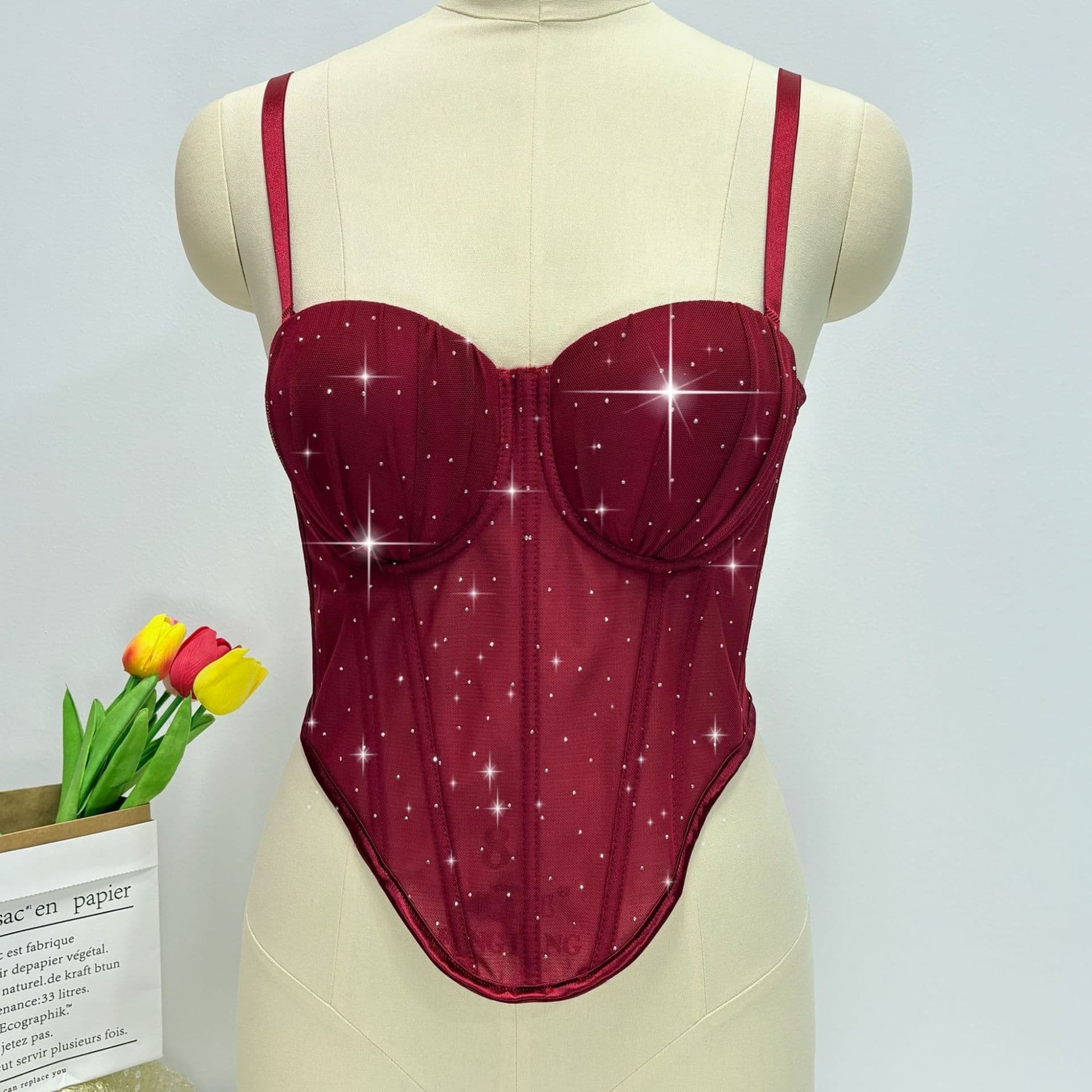 European and American Export Fishbone Strap Camisole for Women with Padded Cups, Rhinestone Design, Waist-Cinching, Wear-Out Corset Top