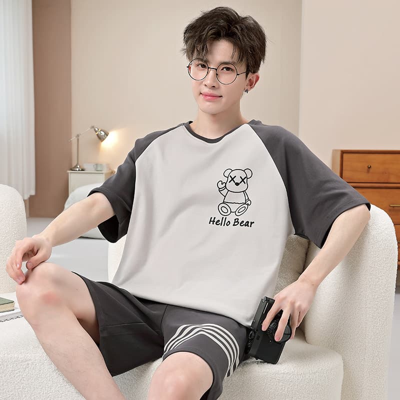 Teen Short Sleeve Cotton Pajamas for Boys, Summer Thin Lightweight Simple Plus Size for 16-Year-Old Teenagers Homewear