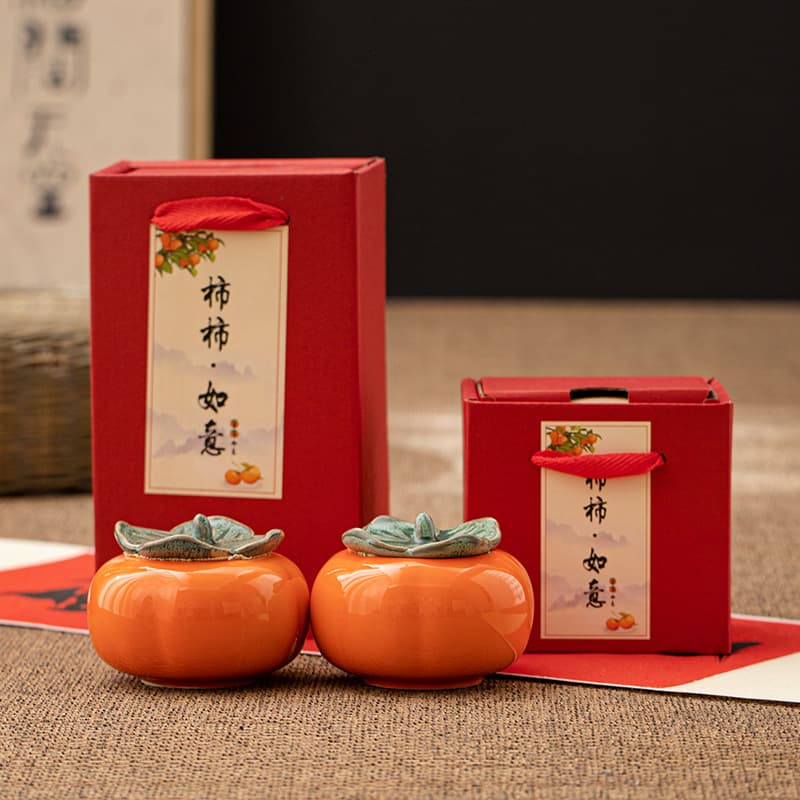 Persimmon Tea Canister Gift Box Set - Everything Goes Well Wedding Candy Container Ceramic Sealed Tea Storage Canister Souvenir Gift