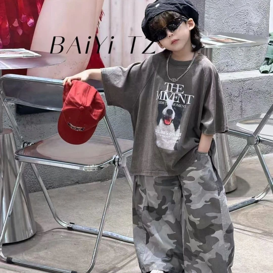Boys Summer New Korean Style Outfit Kids Loose Camo Pants Vintage Dog Print Short Sleeve Camo Pants Set Trendy