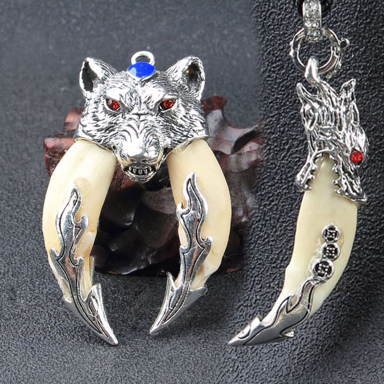 Dog Teeth Wholesale, Inlaid Wolf Tooth Pendant, Tibetan Silver Wolf Tooth Necklace, Bleached Real Dog Teeth, Street Vendor Supply