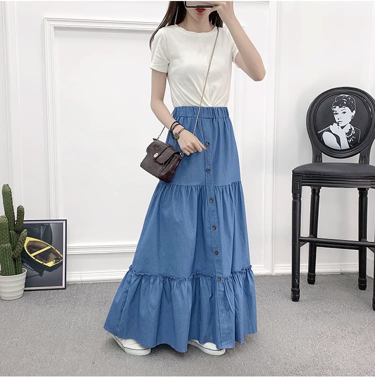 2022 Spring/Summer New High-Waist Versatile Denim Long Skirt Retro Simple A-Line Elastic Waist Loose Skirt