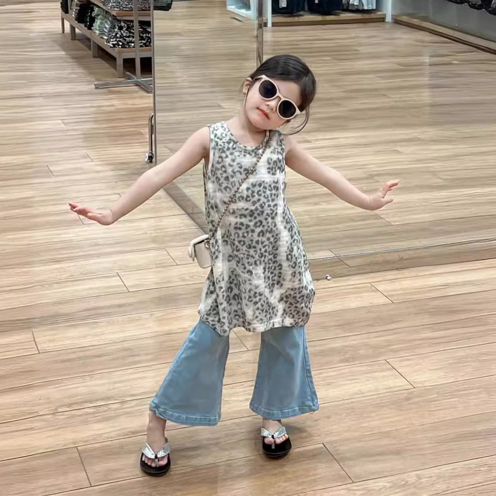 Girls' Dress Summer 2024 Layered Leopard Print Vest Dress Sleeveless Princess Dress Denim Flared Pants