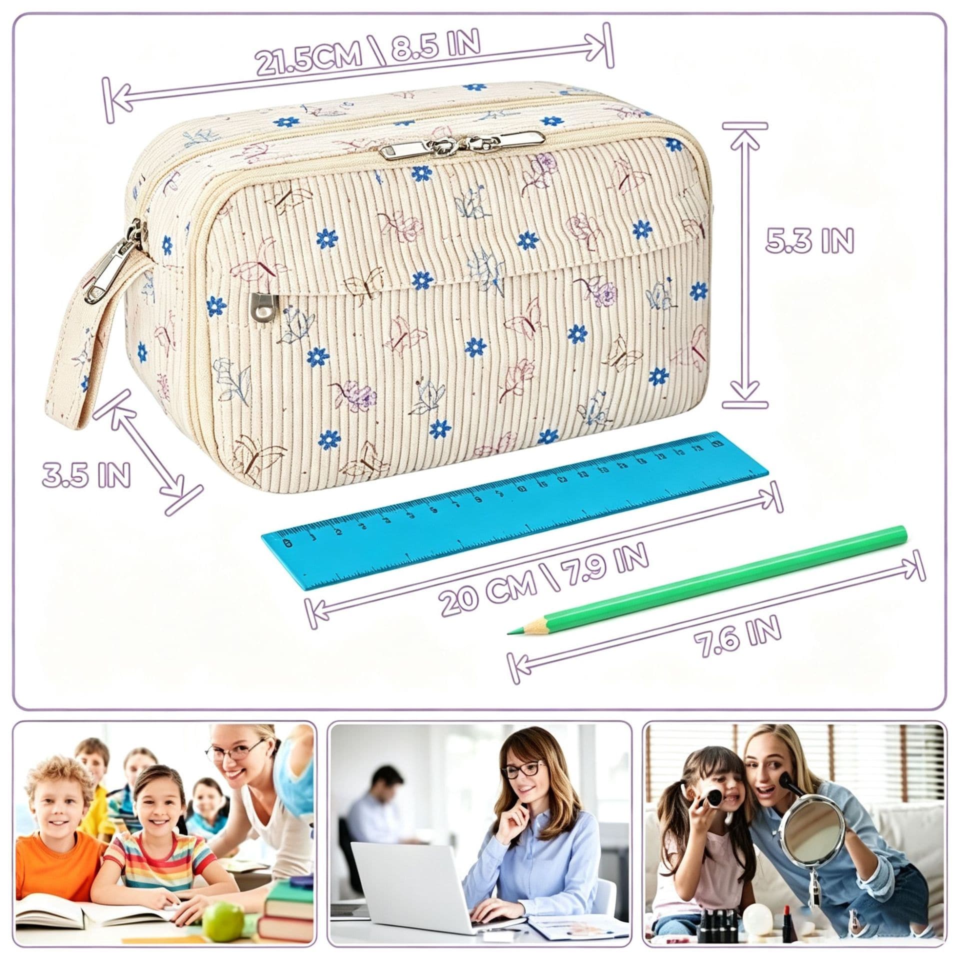 New Cross-border Pencil Case Large Capacity Zipper Pencil Pouch with Compartments Soft Pencil Bag for Boys and Girls Butterfly Floral