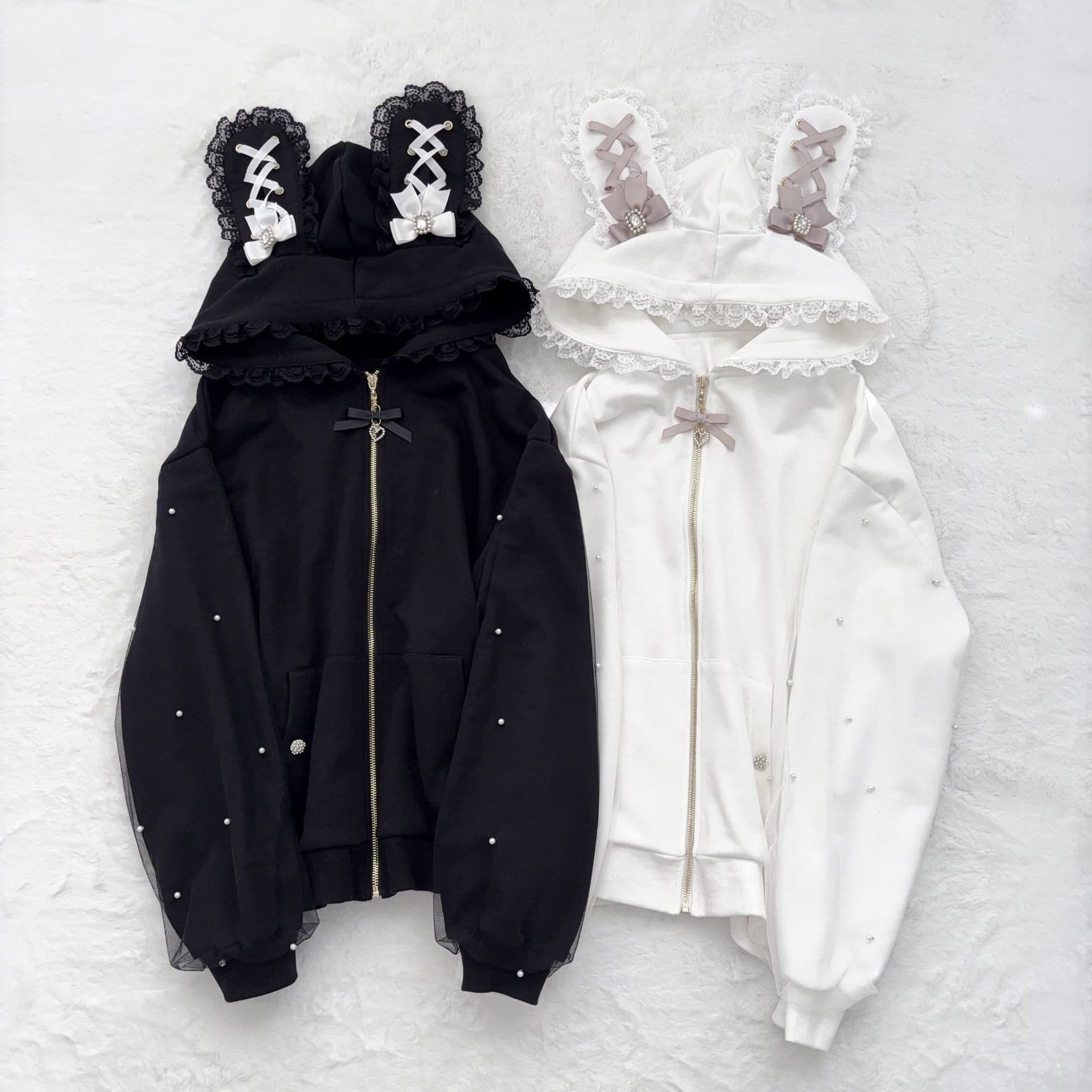 Baby Girl Solid Color Bow Ribbon Cartoon Bunny Ears Hoodie, Medium and Large Kids Spring & Fall New Long-Sleeve Zipper Top