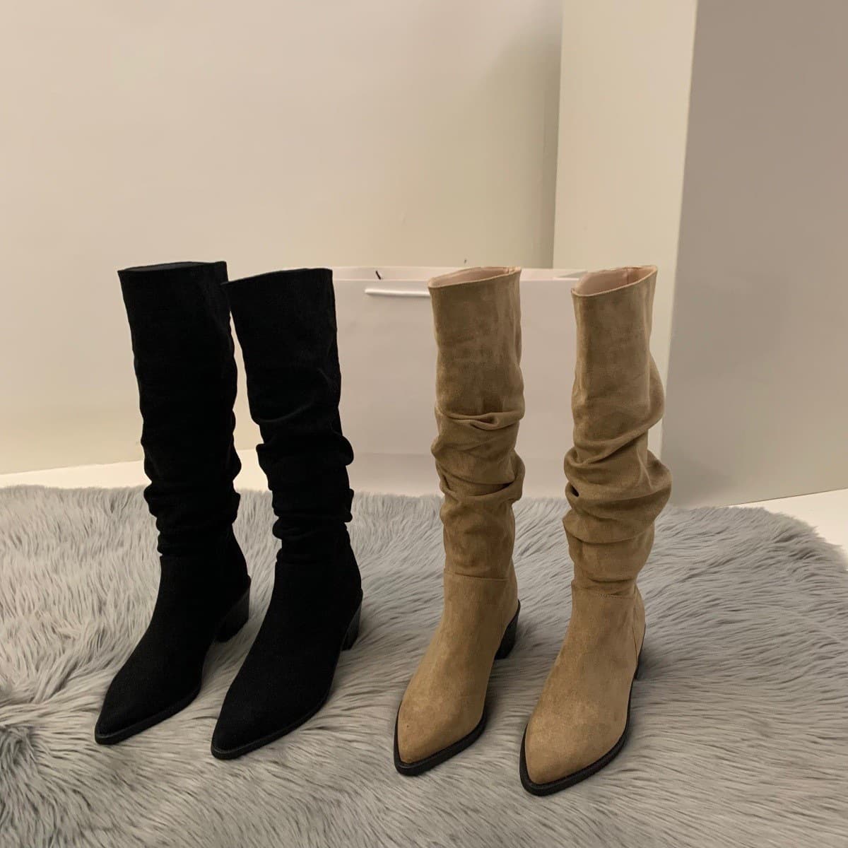 High Heel Suede Western Mid-Calf Boots Women's Shoes 2025 New Autumn Winter Fleece-Lined Pointed Toe Stacked Knee High Riding Boots