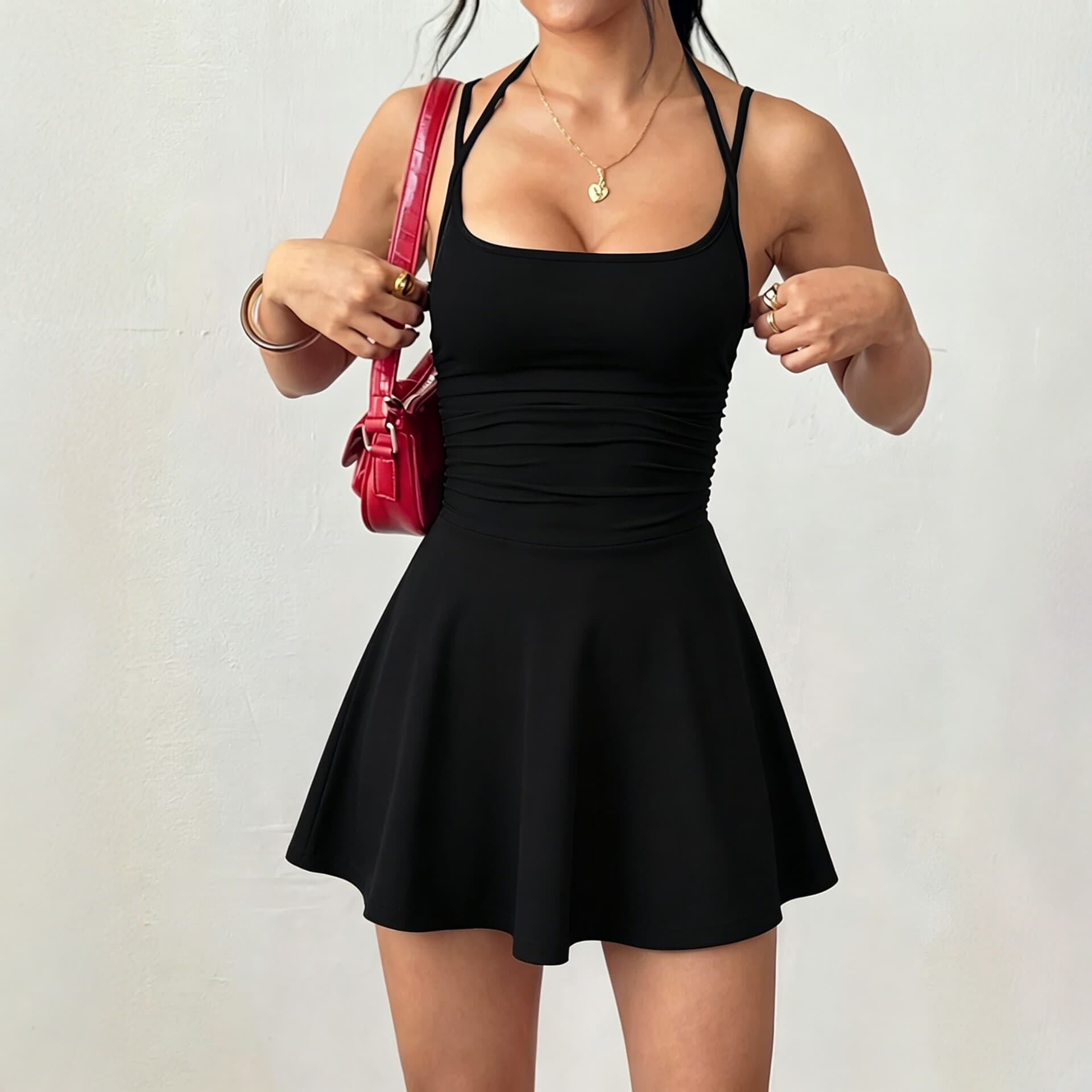 Black suspender waist A-line dress summer European and American style short skirt solid color slimming women's clothing