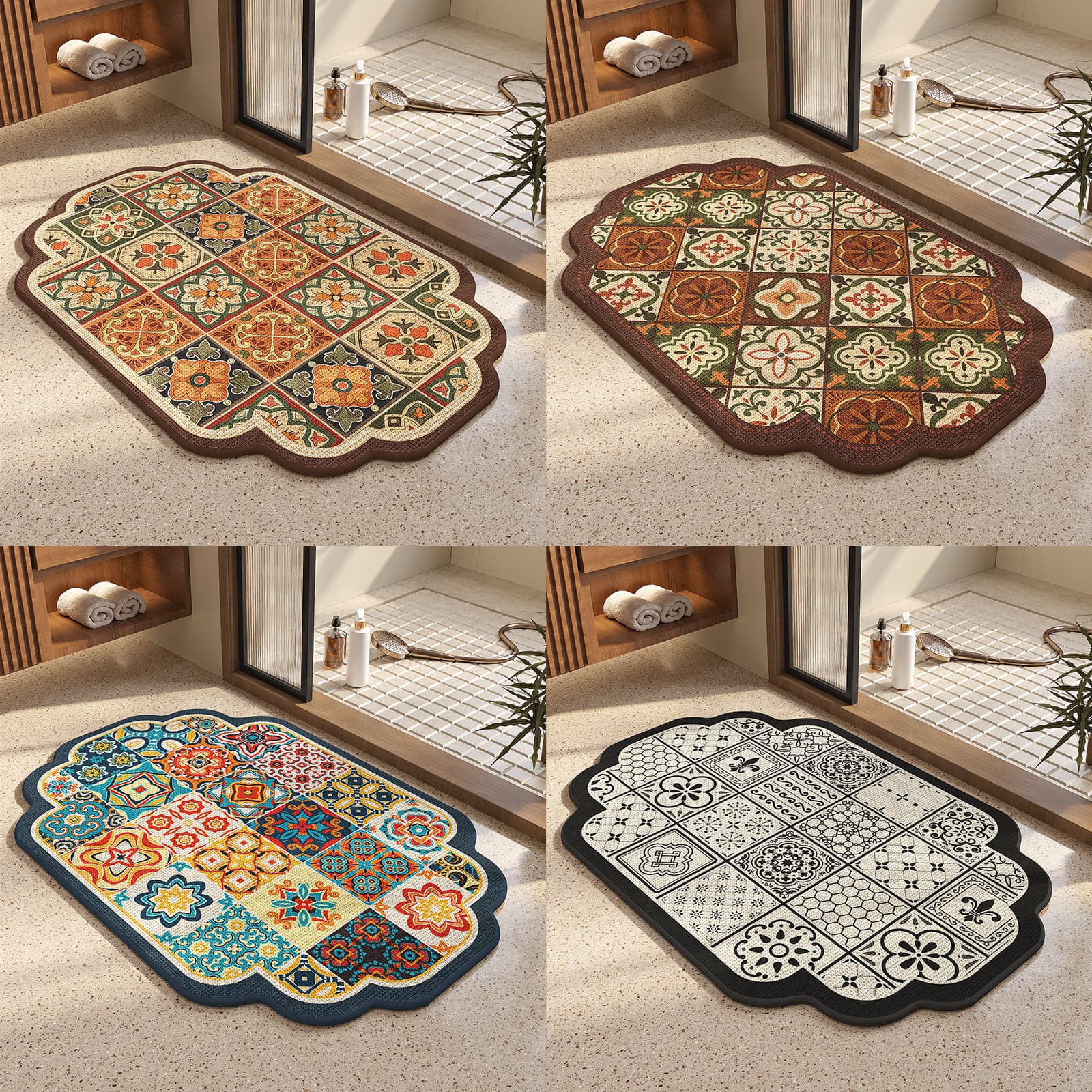 Retro American Style Linen Bathroom Floor Mat, Absorbent and Dirt-Resistant Foot Pad, Non-Slip and Anti-Fall Rug for Toilet and Restroom Doorway