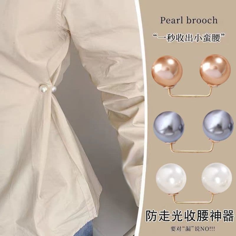Pearl brooch for preventing wardrobe malfunctions at neckline and trouser hem, waist-cinching pin for women, and a garment-cinching accessory to secure clothing and skirts.