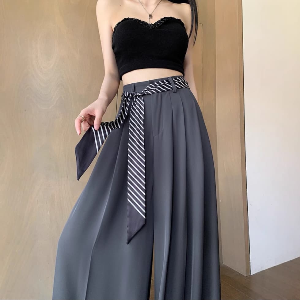 Elegant Wide-Leg Trousers for Women 2025 Summer Thin Style Scarf Tie High-Waist Draped Straight-Leg Floor-Length Pants