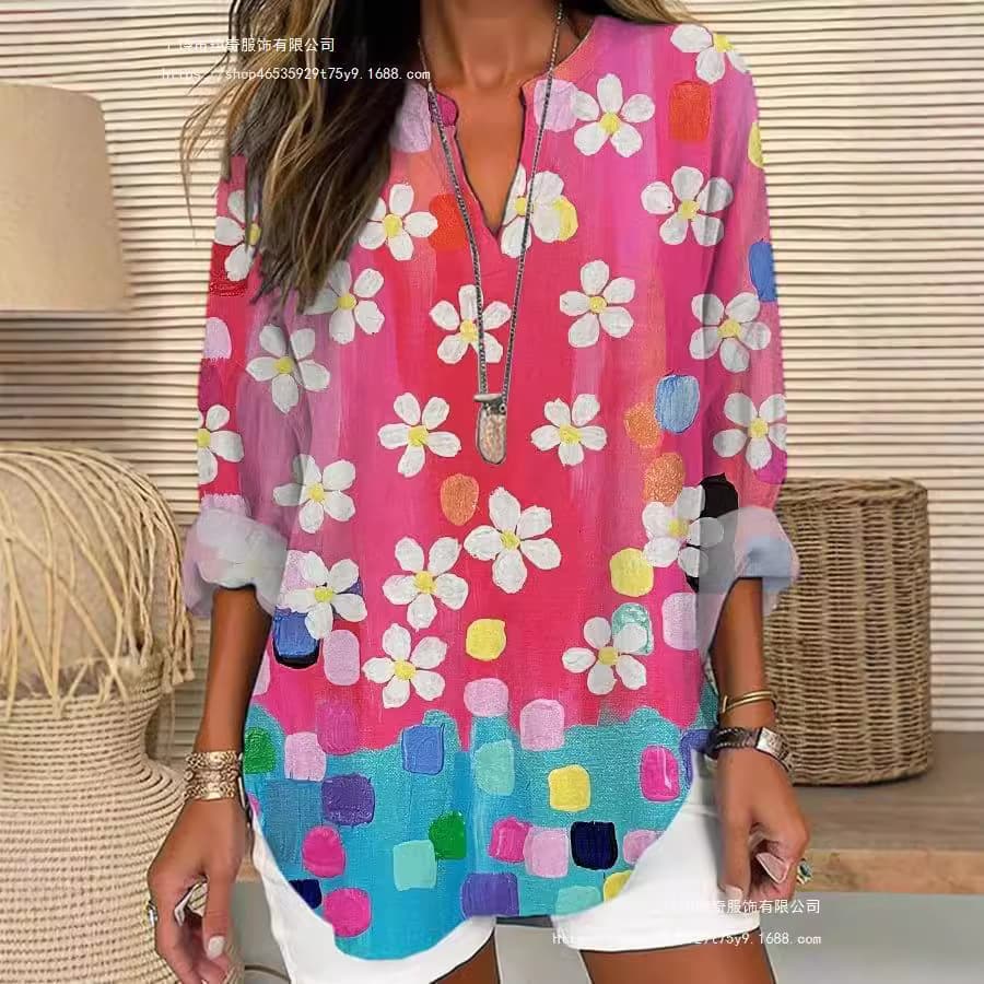 2024 Amazon Wish European and American Women's New Top, Loose V-Neck Printed Long Sleeve