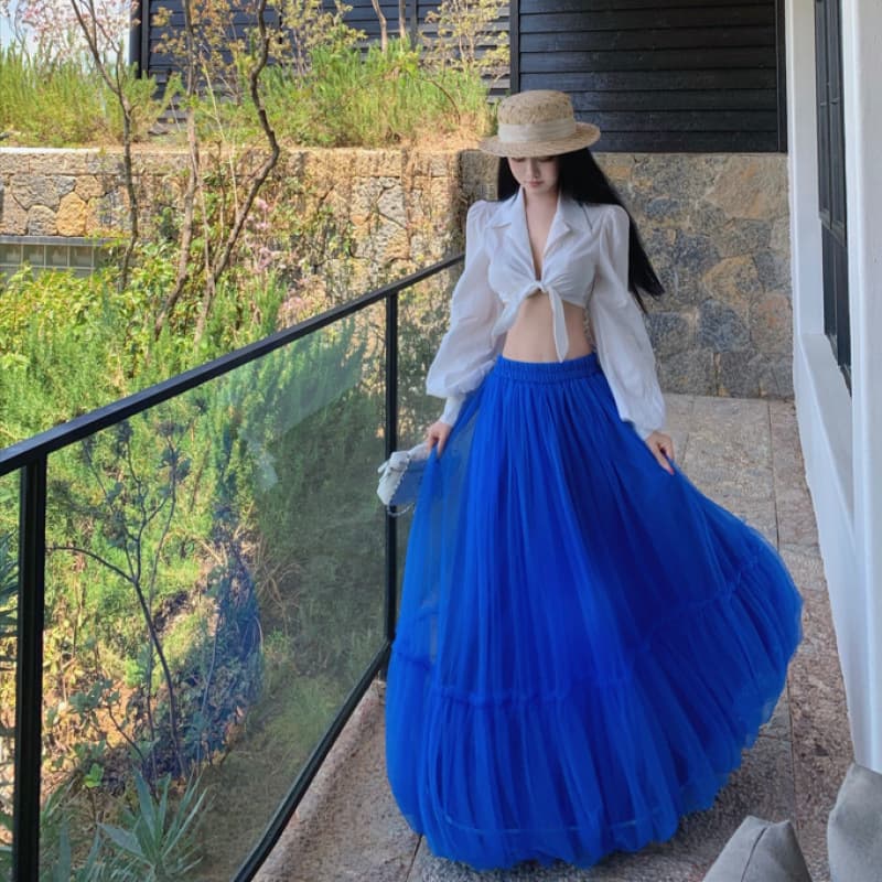 2026 French Lace-Up White Blouse Women Vacation Top + Klein Blue Flowing Long Skirt