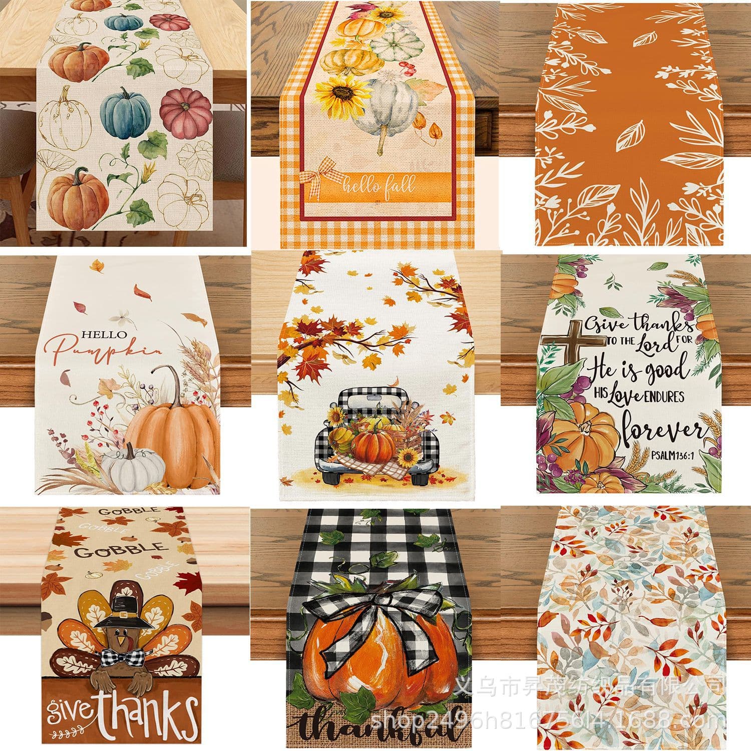 New Cross-Border Autumn Thanksgiving Pumpkin Car Maple Leaf Eucalyptus Leaf Decoration Home Decor Tablecloth Table Runner