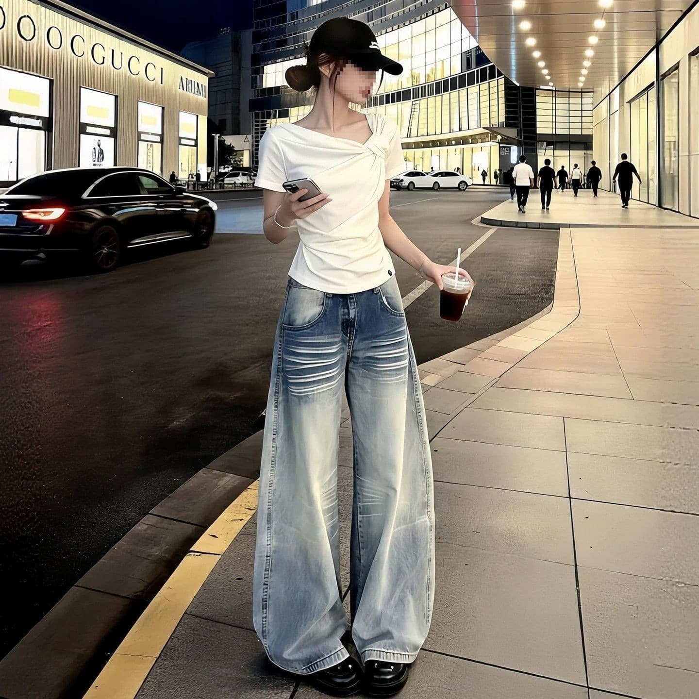 Summer straight jeans for women scimitar high waist loose letter embroidery American wide leg floor mopping pants retro tall