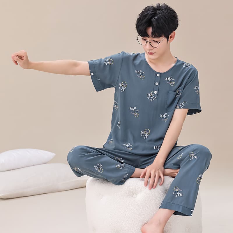 Men's Rayon Short Sleeve Pajama Set with Long Pants, Full Rayon Silk Homewear, Father's Day Pajamas, Spring and Summer New
