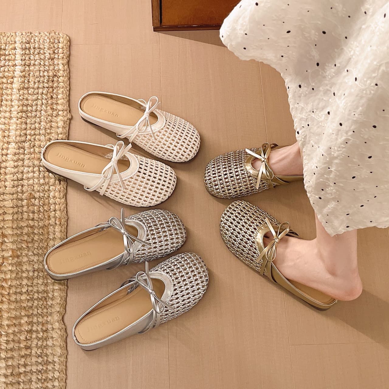 Braided toe-cap half slippers for women, 2026 new soft-soled hollow slippers, bow-knot flat toe-toe slippers