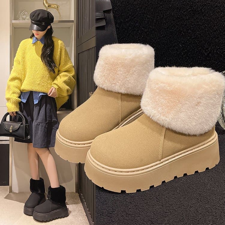Thick Sole Large Size Fur Women's Snow Boots 2025 Winter New Style with Fleece Lining, Thickened Platform Warm Cotton Boots