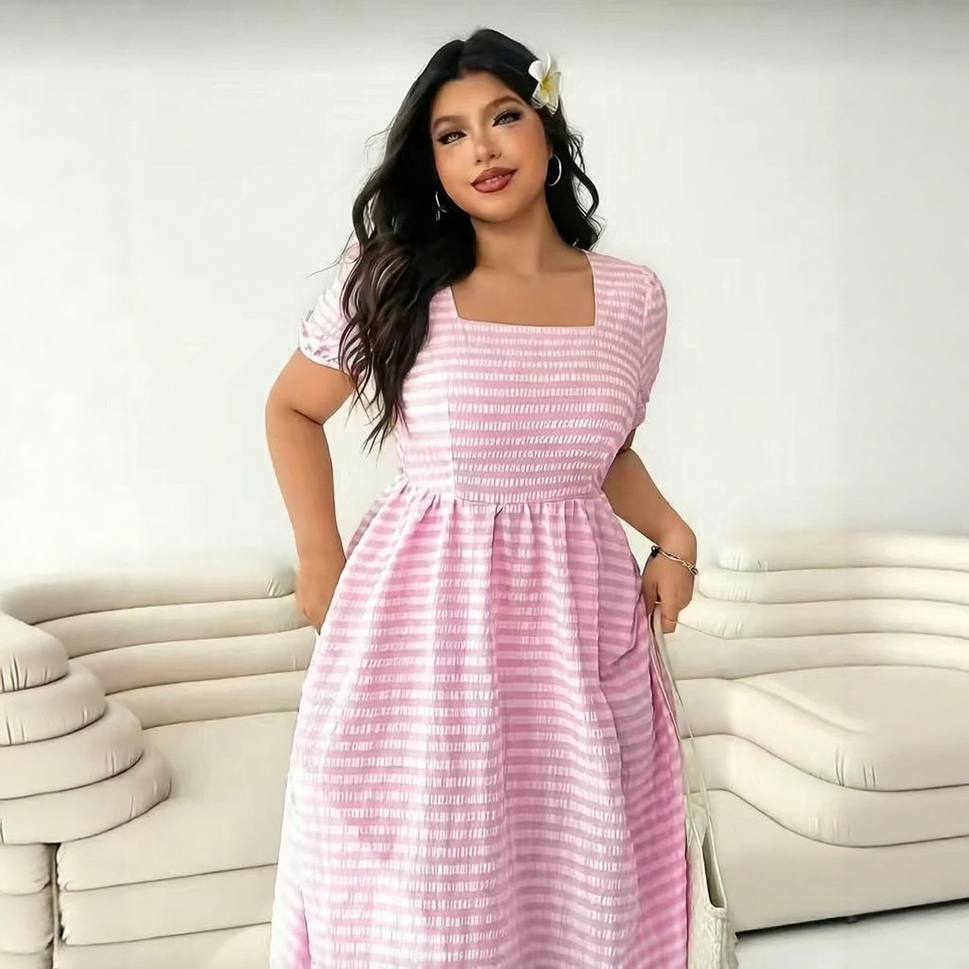 In Stock!! European-American Cross-Border New Plus Size Pink Checkered Waist-Cinching A-Line Dress Slimming Midi Dress