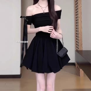 French One-Shoulder Off-Shoulder Black Dress Women Summer New Hepburn Style Stunning Puffy Bubble Short Dress