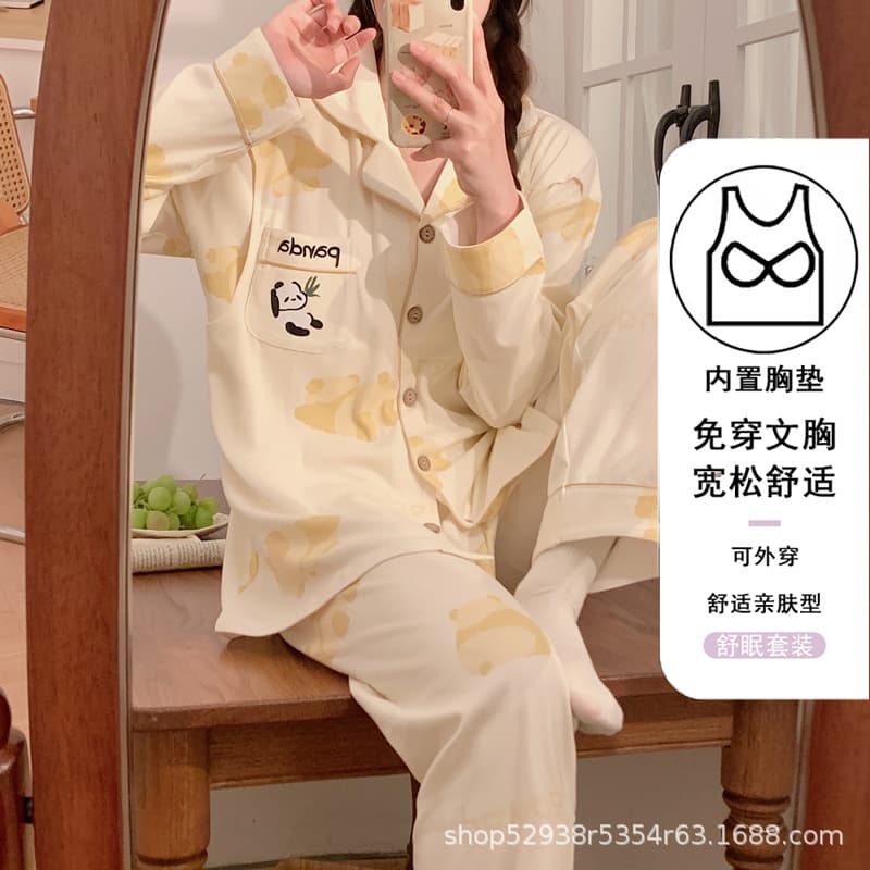 Maternity Pajamas with Built-in Bra, Pure Cotton, Spring/Autumn, Postpartum Nursing Nightwear for Breastfeeding