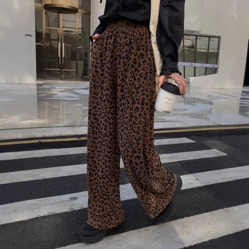Women's Cross-Border European and American Style Corduroy Leopard Print Elastic Waist Wide-Leg Pants / Versatile Soft Loose High-Waisted Straight-Leg Trousers