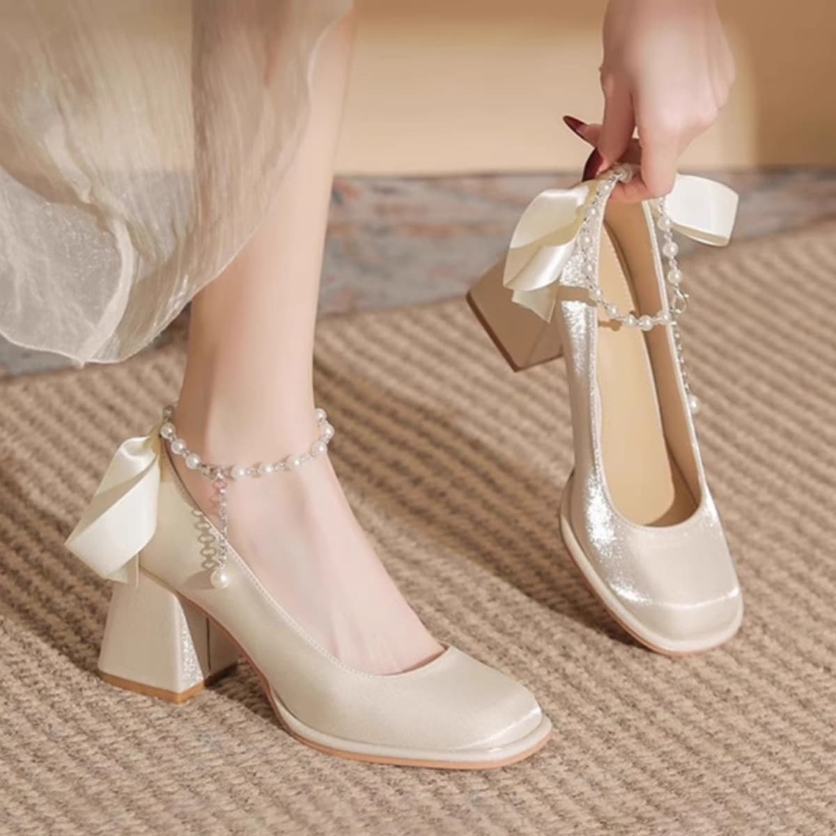 French Chunky Heel Single Shoes for Women, Medium Heel Bridesmaid Apricot Mary Jane Wedding Shoes, Chinese Dress High Heels, Comfortable