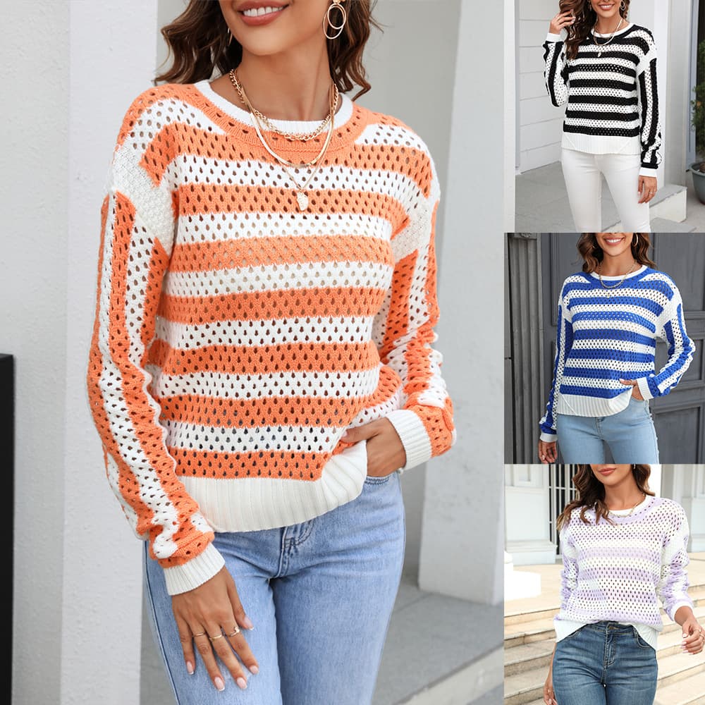 2026 Early Fall New Arrival Amazon Women's Hollow Stripe Round Neck Long Sleeve Knit Sweater Plus Size Pullover Wholesale