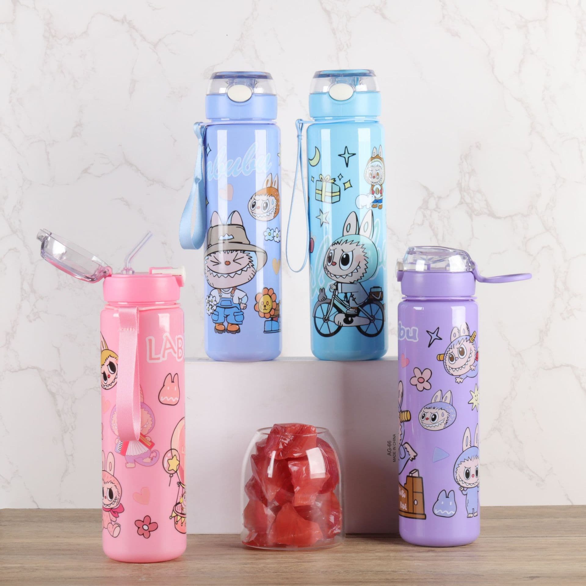 2025 New Cross-Border Solid Color High Aesthetic Design Cartoon Pattern Portable Plastic Water Cup Labubu