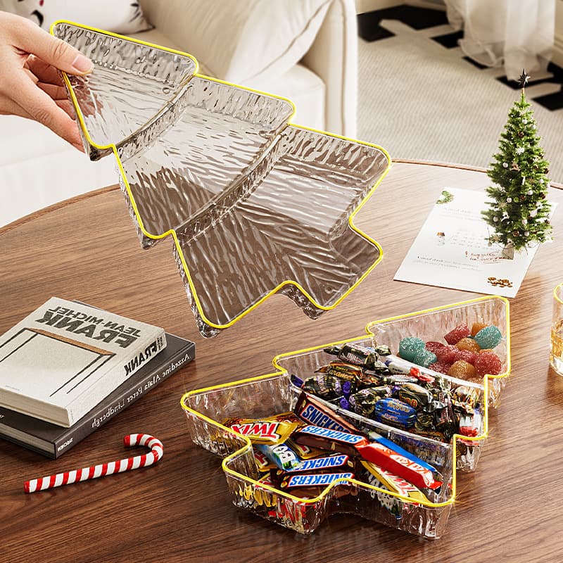 Popular foreign trade Christmas tree fruit plate, gold-rimmed candy plate, PET plastic divided fruit plate, snack plate, fruit plate, cross-border