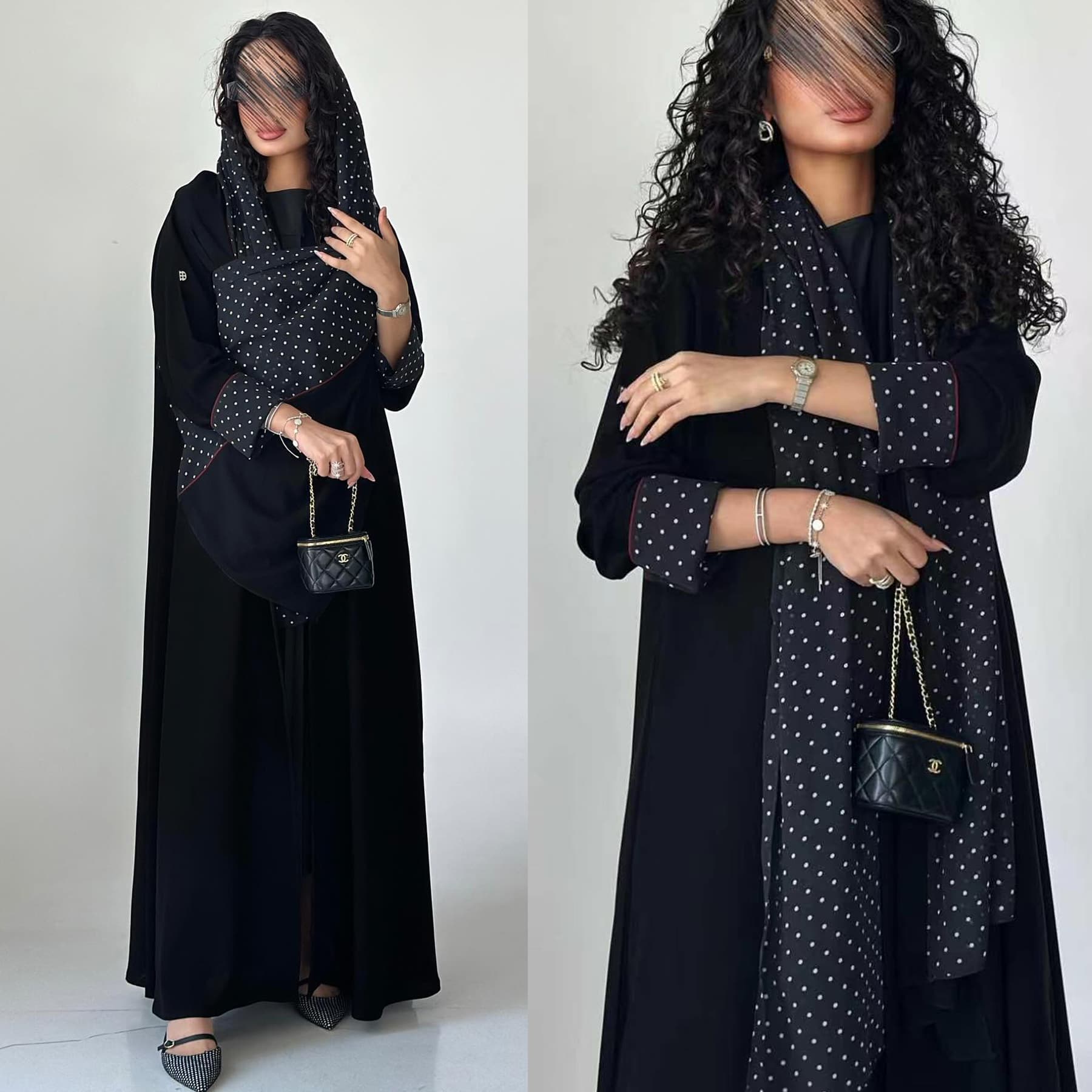 HY241 Black Polka Dot Chiffon Loose Fitted Elegant Long Robe Cape with Headband New Fashion Long Dress