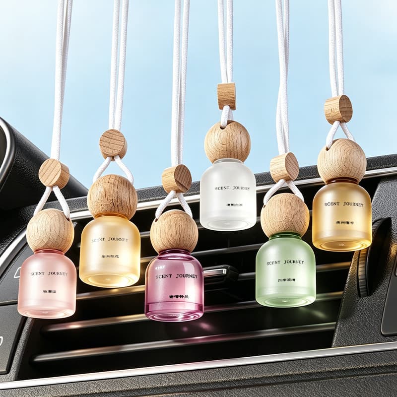 MINISO Style Car Aroma Diffuser Frosted Semi-Transparent Round Bottle with Birch Wood Cap Car Odor Eliminator Hanging Ornament