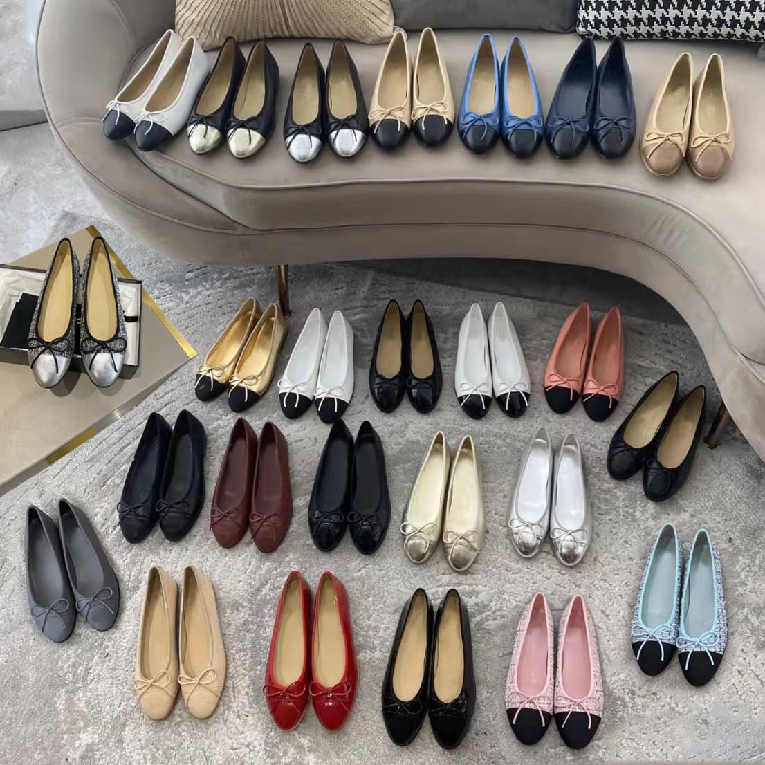 High quality 2026 new style small fragrant ballet shoes color matching bow single shoes for women round toe shallow mouth flat shoes for women
