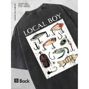 230G Cross-Border Supply Pure Cotton "Lucky By" Men's Retro T-Shirt with Fish Hook, 230G