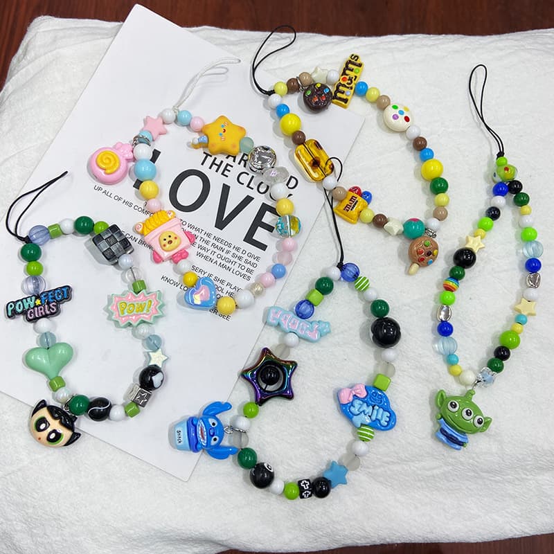 M&M Phone Strap DIY Beaded Lanyard Original Wrist Chain The Powerpuff Girls Cookie Pendant for Women