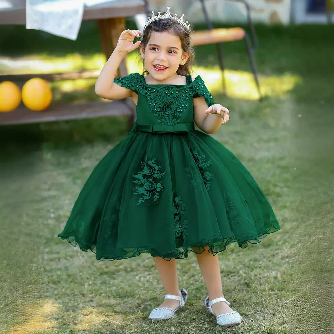 2026 New Children's Wedding Dress with Beaded Flowers, One-Shoulder Bow Tutu Princess Gown for Girls