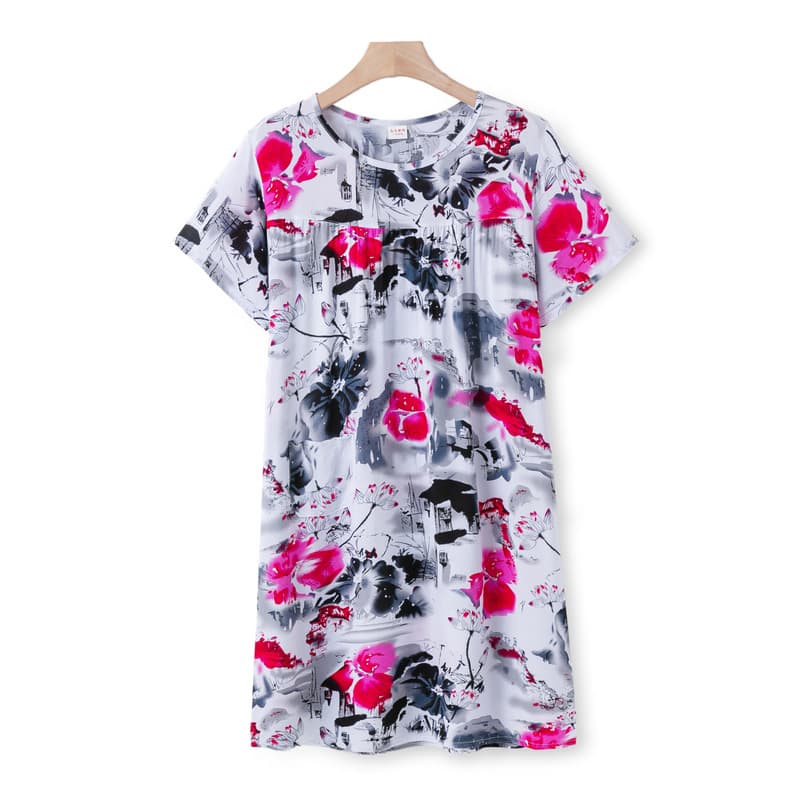 Women's Cotton Silk Nightgown Summer Thin Short Sleeve Printed Pajamas Middle-aged Plus Size Cotton Silk Dress Spring Autumn Homewear
