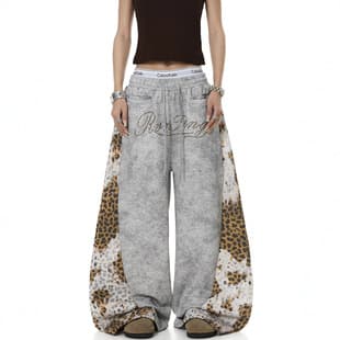 Ins American-Style Dirty Dye Leopard Print Sweatpants 2026 Women's Patchwork Beaded Curve Cut Streetwear Waste-Land Wide-Leg Pants