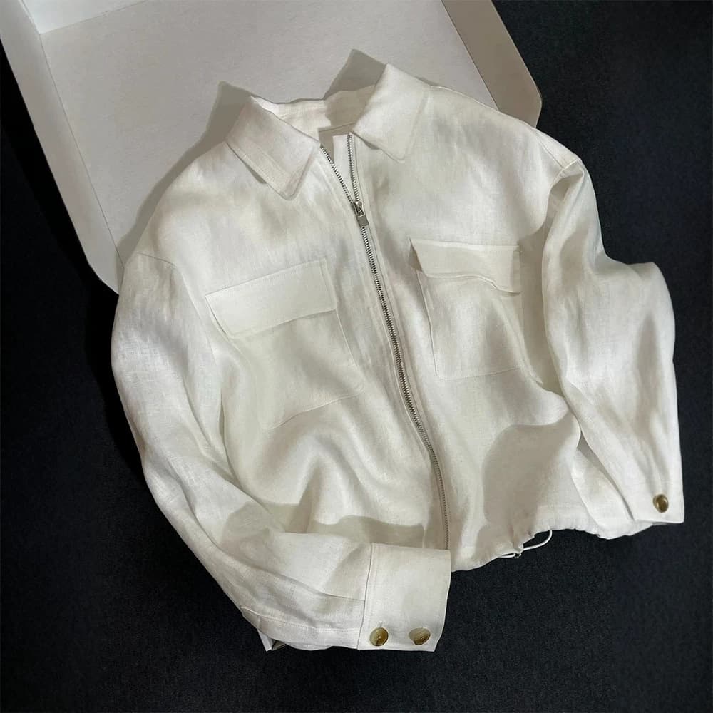 CHAO level recommendation! So noble! White Minimalist Linen Jacket Women's Early Spring Drawstring Zipper Jacket Top