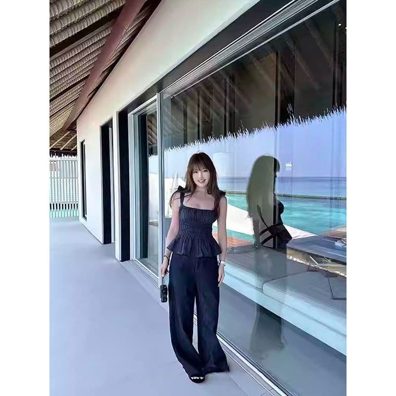 American Solid Color Pleated Camisole Top for Women, Summer Trendy Slim Fit Waist-Cinching Versatile Blouse
