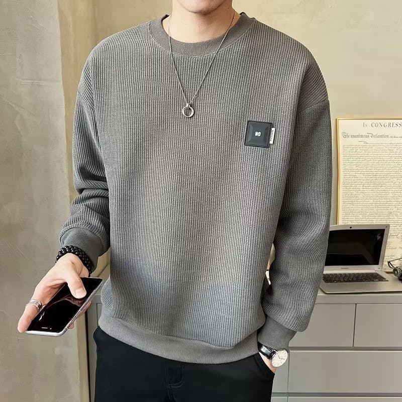Textured sweatshirt men's spring and autumn solid color 2023 autumn trendy loose round neck casual men's autumn wear