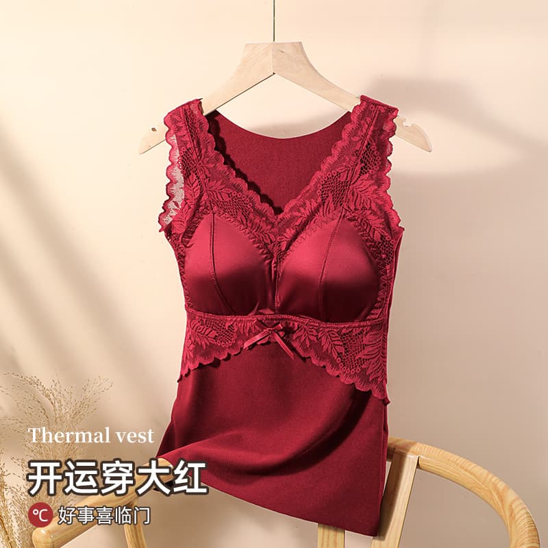 Satin Lace Trim Fixed Integrated Cup Camisole for Women with Padded Base Layer, Velvet Warm Underwear